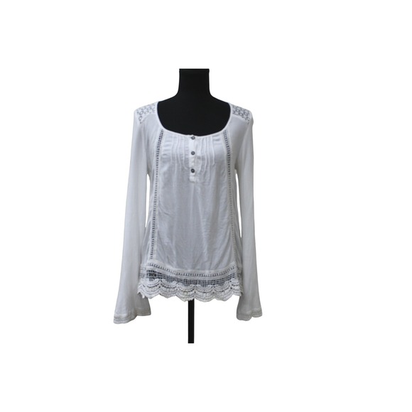 Jolt Tops - Jolt Blouse Women Small White Excellent Boho Crochet Lace Eyelet Henley Top